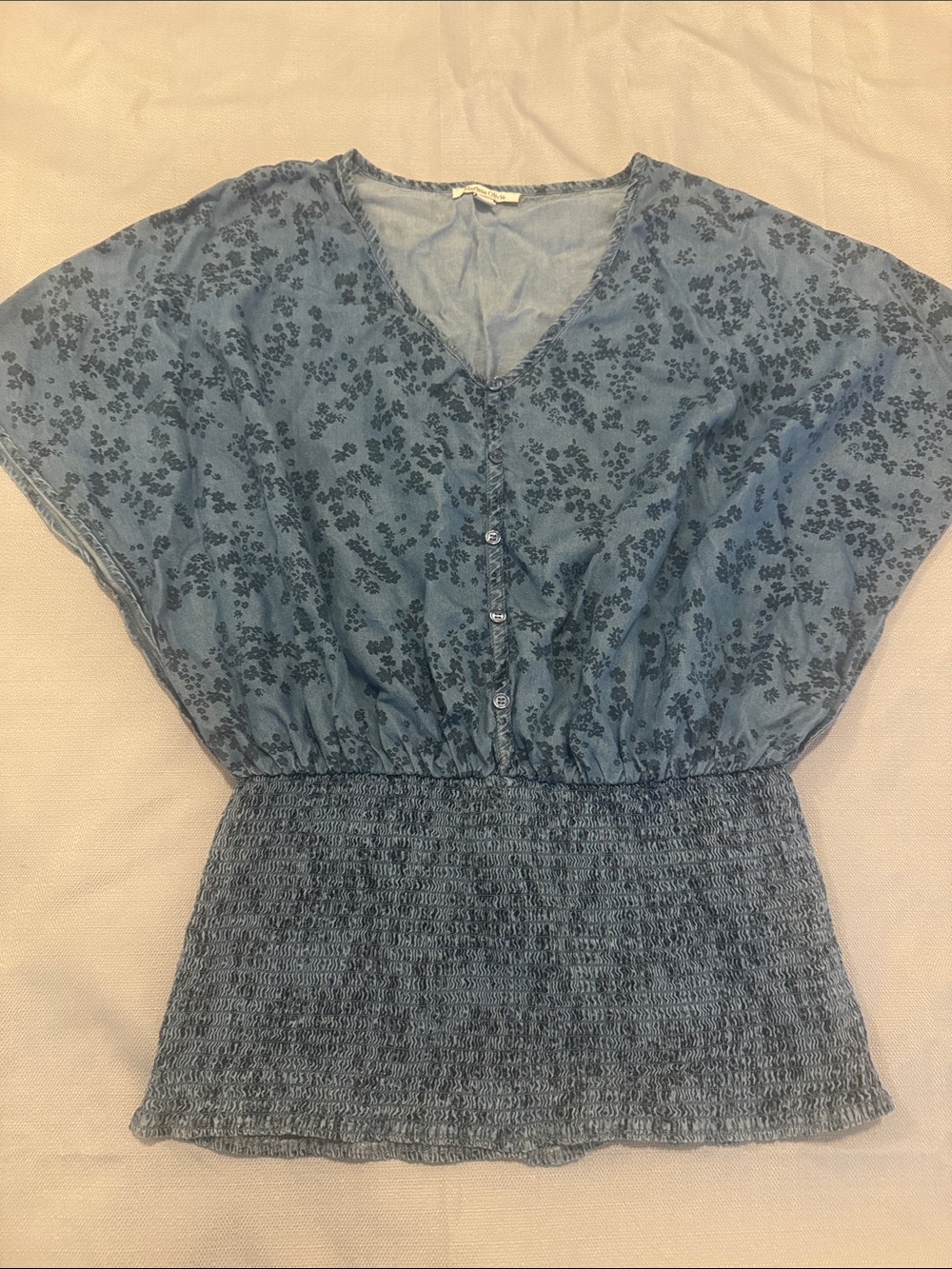 MARISSA OLIVIA -Blue Floral Smocked-Waist Women's Top